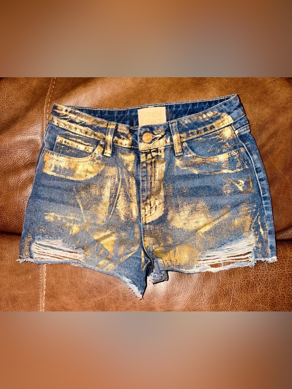 Judith March Blue Denim Shorts with Gold Paint Accents